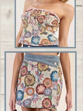 2 Piece Set: Vintage Floral Wrap Skort & Strapless Top/ Pastel Tapestry: Small